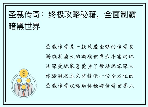 圣裁传奇：终极攻略秘籍，全面制霸暗黑世界
